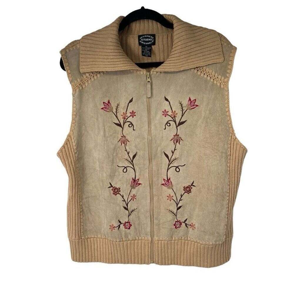 Vintage Women’s XL Tan Leather Embroidered Leather Front Sweater Vest